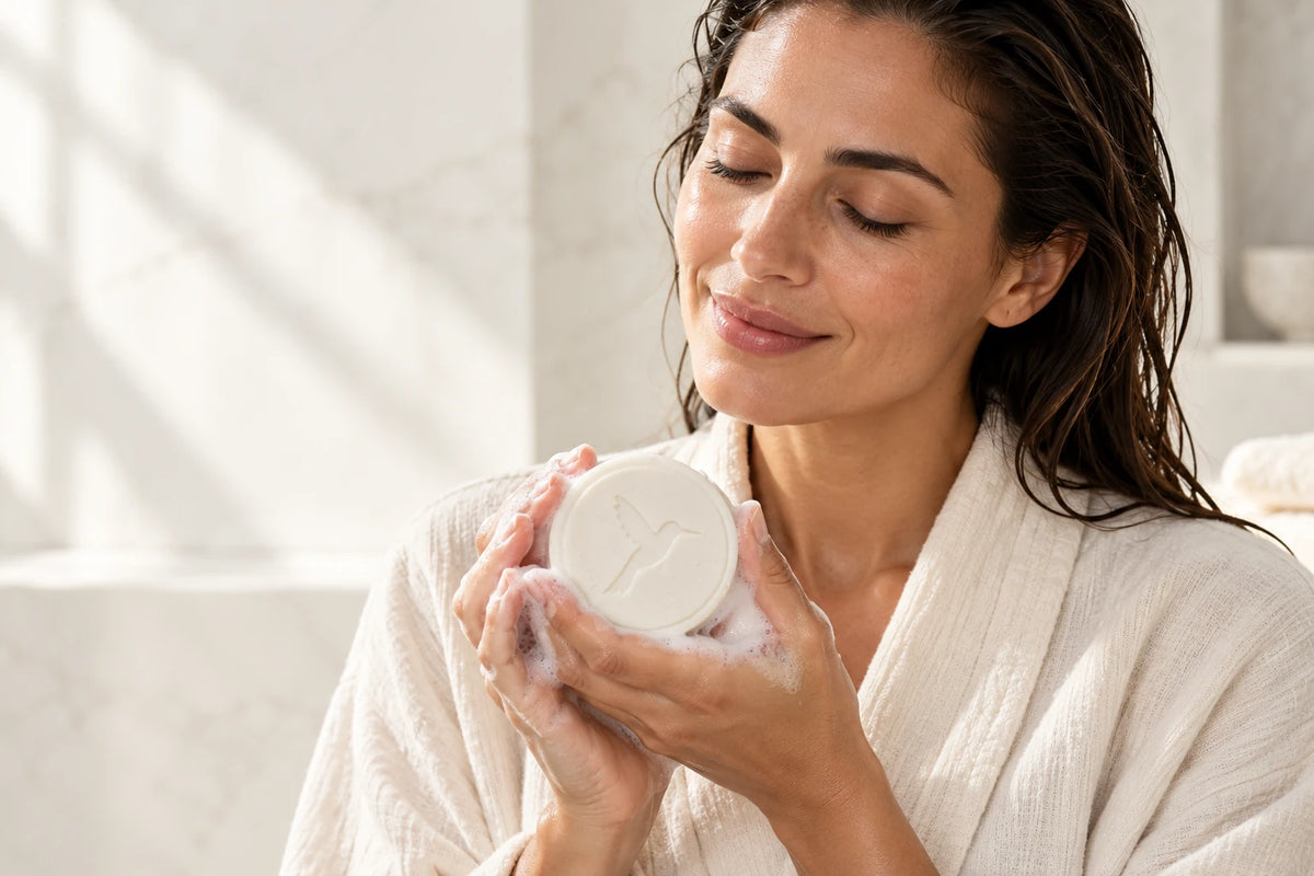 Arrvela concept lifestyle image of a woman holding a shampoo bar.