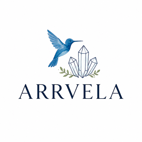 Arrvela hummingbird, crystals, and wordmark.